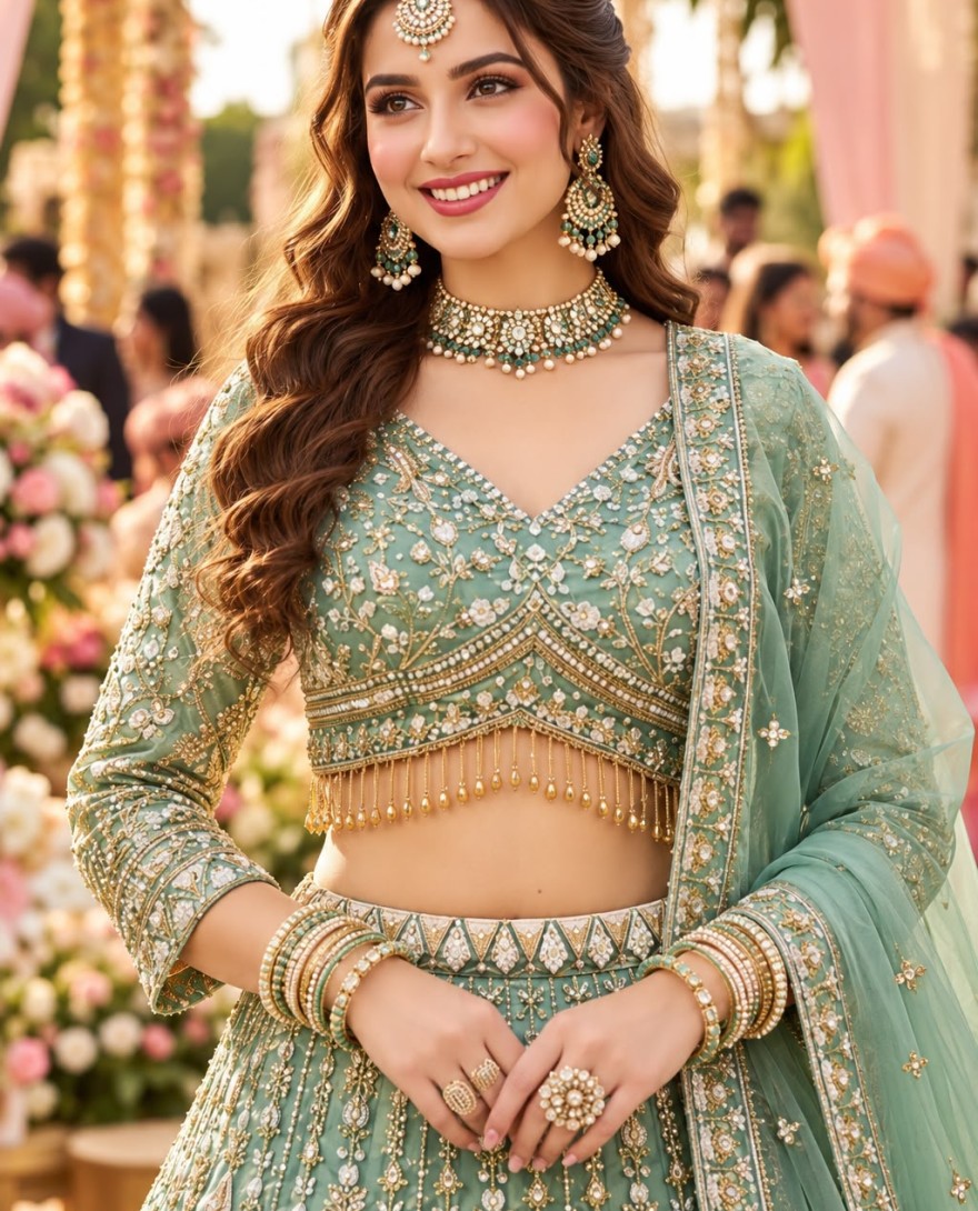 1218 - Green Fancy Fabric Beads, Embroidered and Zari Work Readymade Lehenga Choli